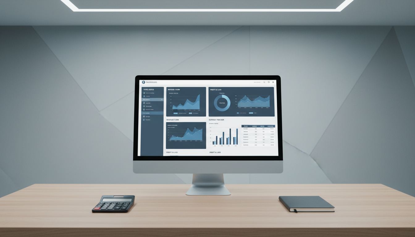 A pristine, large-format monitor displays a balanced financial dashboard in a simplified, elegant interface with muted blue and slate gray charts and tables. The monitor rests on a spacious, light ash wood desk with no clutter, accompanied by a matte black wireless calculator and a sleek closed notebook. Behind, the clean wall features a subtle geometric design in cool neutral shades. Overhead, cool bi-directional LED lighting casts a soft, even illumination, reducing glare while highlighting the crisp clarity of the digital display and desk surfaces. The atmosphere is focused and analytical yet calm, maintaining a modern professional vibe. Designed with a centered composition and sharp focus throughout, this photographic image exudes the forward-thinking, detail-driven personality essential for high-standard bookkeeping solutions.