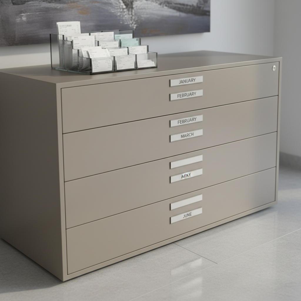 A close-up of a modern, flat-front filing cabinet in smooth matte taupe, its drawers perfectly aligned and labeled with thin metallic tags denoting months of the year. On top, a frosted glass organizer contains neatly categorized receipts and transaction slips, their uniform edges peeking out in graduated layers. The cabinet stands on a polished stone floor, with subtle abstract wall art in muted grey tones visible in the distant background. Soft morning light filters in from a side window, creating gentle rim lighting along the drawers and a tranquil, orderly mood. Captured from a slightly elevated angle with asymmetrical balance, the image emphasizes the efficiency and professionalism of a premium bookkeeping service. Photographic realism, with clean lines and a structured, balanced corporate aesthetic, projects confidence and reliability.