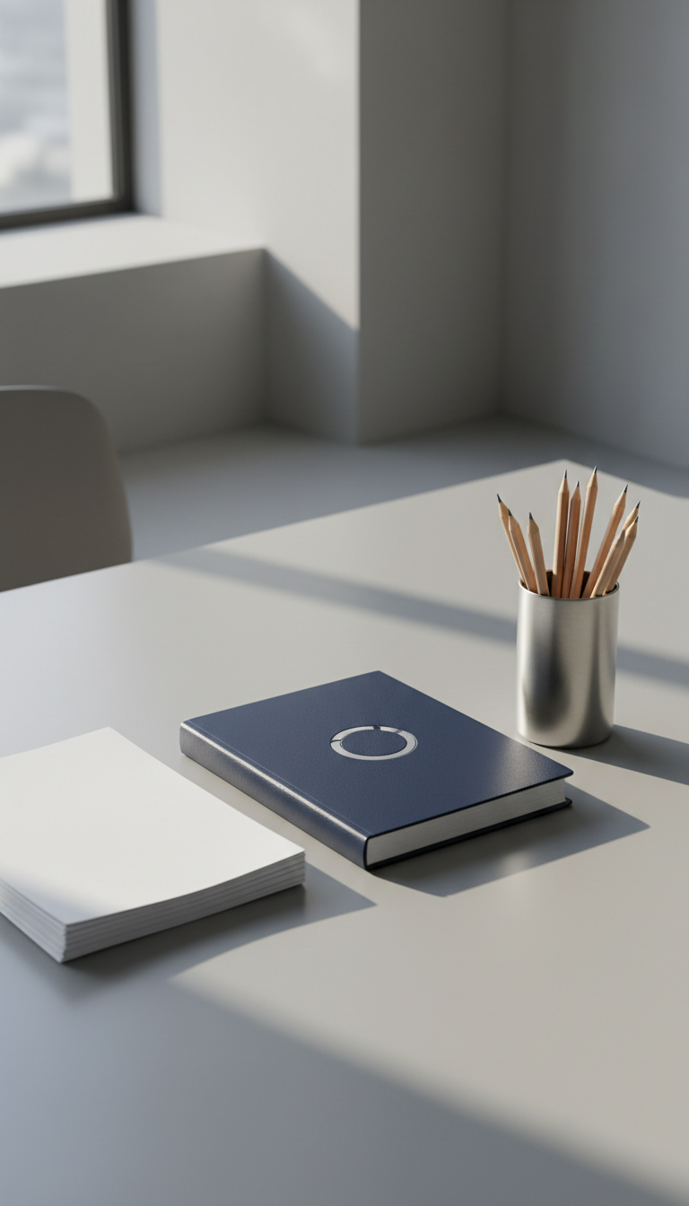 A meticulously organized desktop featuring a closed navy-blue hardcover ledger with a subtly embossed silver logo, a brushed steel pen holder filled with sharpened pencils, and a stack of crisp white financial statements arranged with perfect alignment. The desktop is a sleek matte-finished light grey surface, bordered by minimalist architectural accents. Natural diffused daylight bathes the scene from a large window just out of frame, illuminating the paper and metallic surfaces with gentle highlights and clean, soft shadows. The overall mood is calm, professional, and orderly, reflecting trustworthiness and attention to detail. The composition is centered at an eye-level angle, with a shallow depth of field keeping the primary objects in sharp focus and the background softly blurred. The style is photographic realism with a clean, structured, corporate aesthetic that communicates organization and precision in bookkeeping.